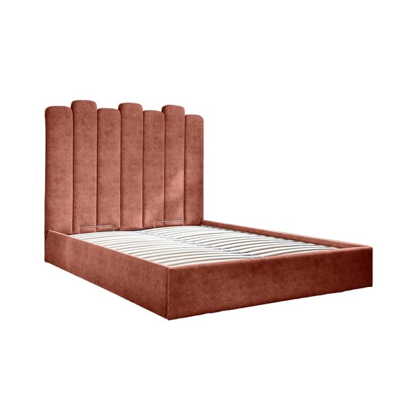 180x200 cm dydžio plytų spalvos minkšta dvigulė lova su daiktadėže ir grotelėmis Dreamy Aurora - Miuform