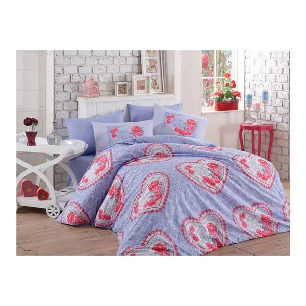 Medvilninė patalynė su paklode dvivietei lovai Lovely Lilac, 200 x 220 cm