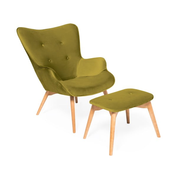 Alyvuogių žalios spalvos fotelis ir kojų pakojis su natūraliu "Vivonita Cora Velvet" pagrindu