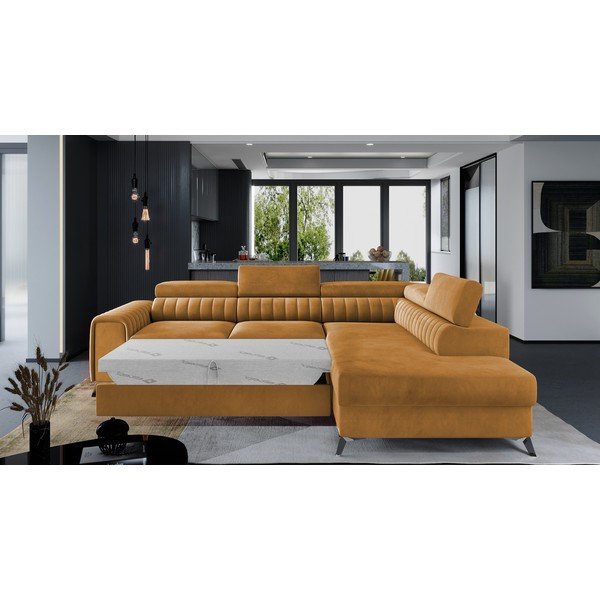 Geltonos spalvos iš velveto sulankstoma/su sandėliavimo vieta kampinė sofa (su dešiniuoju kampu/„L“ formos) Laurence – ELTAP-image-2