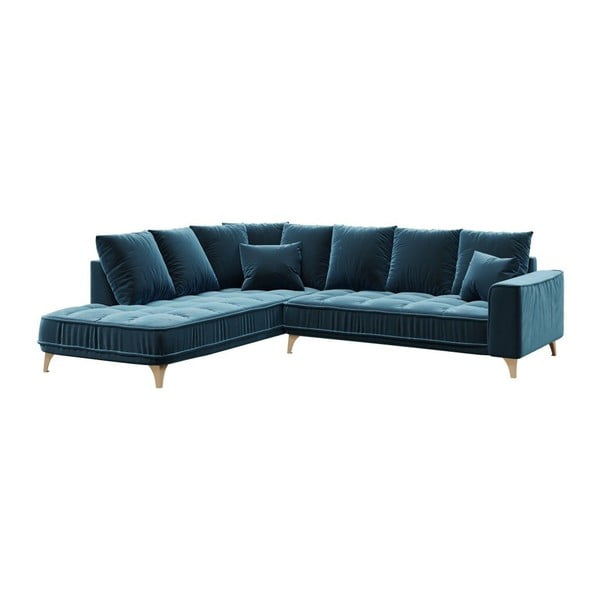 Tamsiai mėlyna aksominė kampinė sofa Devichy Chloe, kairysis kampas, 288 cm