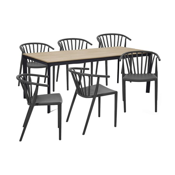 Sodo valgomojo komplektas 6 asmenims su tamsiai žaliomis kėdėmis Capri ir stalu Thor, 210 x 90 cm
