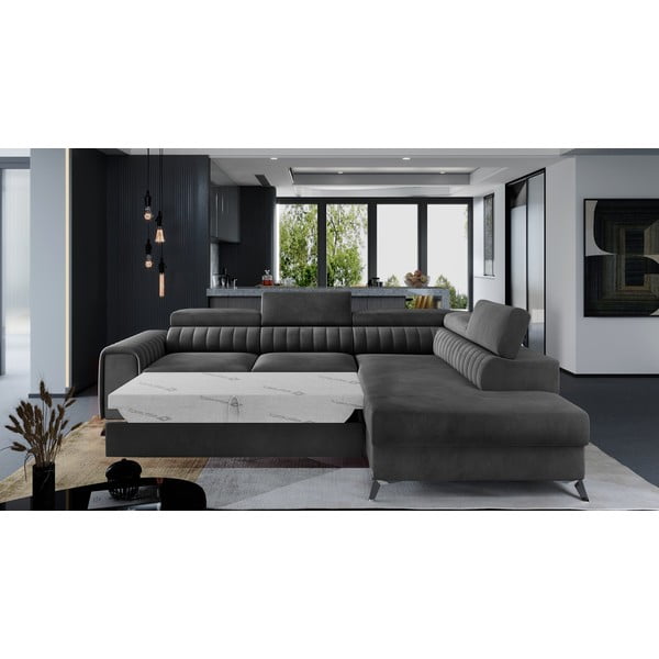 Tamsiai pilkos spalvos iš velveto sulankstoma/su sandėliavimo vieta kampinė sofa (su dešiniuoju kampu/„L“ formos) Laurence – ELTAP-image-2