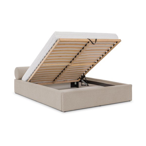 Smėlio spalvos dvigulė lova audiniu dengta su sandėliavimo vieta su lovos grotelėmis 200x200 cm Cille – Ropez-image-2