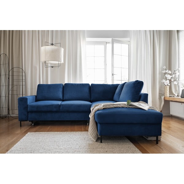 Iš kordinio velveto sulankstoma kampinė sofa tamsiai mėlynos spalvos (su dešiniuoju kampu) Lofty Lilly – Miuform-image-1