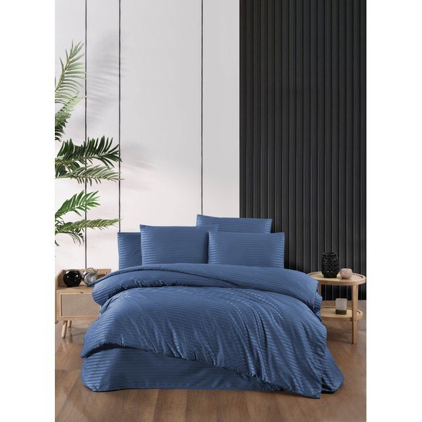 Mėlynos spalvos iš damasko dvigulė/itin ilga patalynė su paklode/4 dalių 200x220 cm – Mila Home