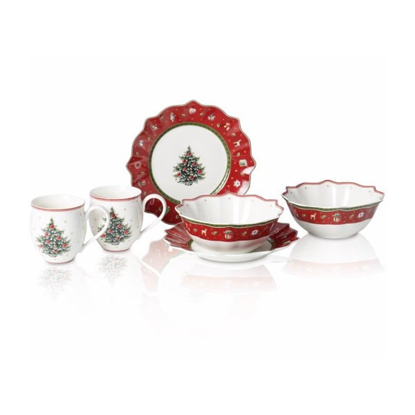 Raudonos ir baltos spalvos porceliano 6 dalių indų rinkinys su Kalėdų motyvais Villeroy & Boch