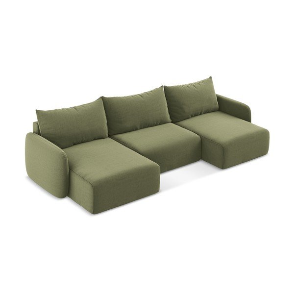 Žalios spalvos sulankstoma/su sandėliavimo vieta kampinė sofa iš velveto („U“ formos) Kalena – Makamii-image-3