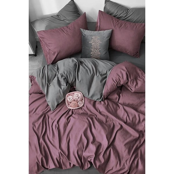 Violetinės ir pilkos spalvos medvilninė viengulė paklodė su užvalkalu 160x220 cm - Mila Home