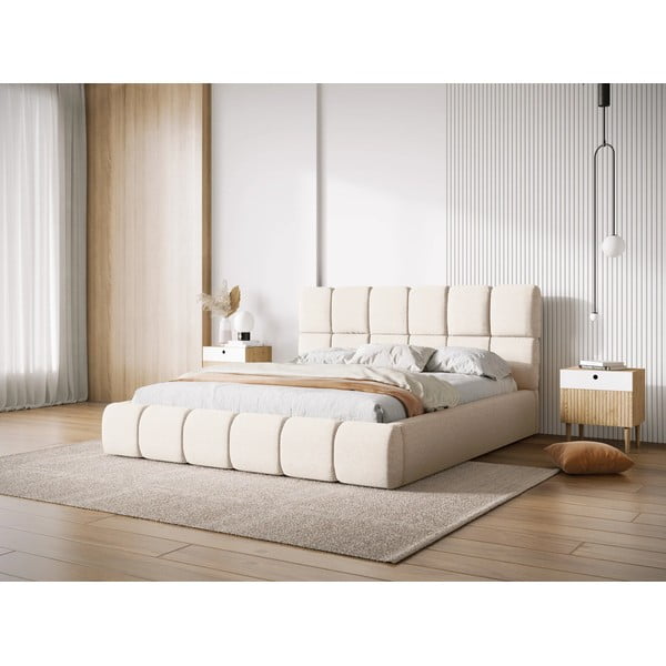 Dvigulė lova kreminės spalvos audiniu dengta su sandėliavimo vieta su lovos grotelėmis 160x200 cm Bellis – Micadoni Home-image-1