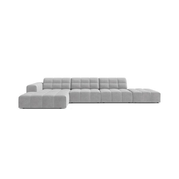 Šviesiai pilkos spalvos kampinė sofa iš velveto (su kairiuoju kampu/su gultu) Chicago – Cosmopolitan Design