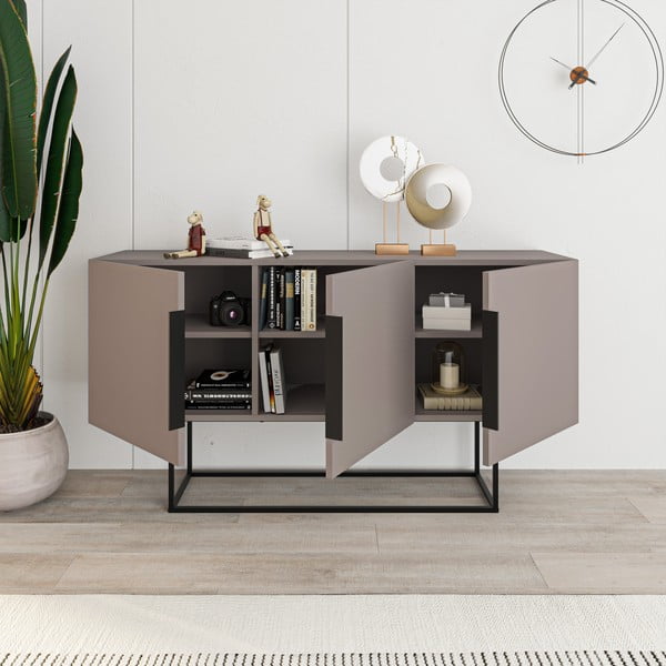 Žema šoninė spintelė pilkos spalvos/smėlio spalvos 150x80 cm Titan – Marckeric-image-4