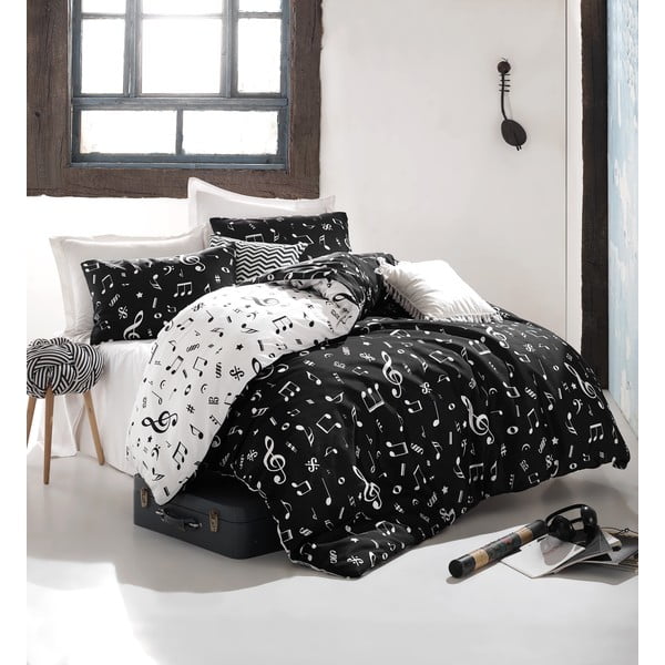 Juodai balta pailginta patalynė dvigulei lovai su paklode ir užvalkalu 220x240 cm Melodiy – Mijolnir