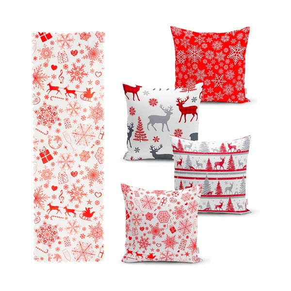 4 kalėdinių pagalvių užvalkalų ir staltiesės rinkinys Minimalist Cushion Covers Red Snowflake