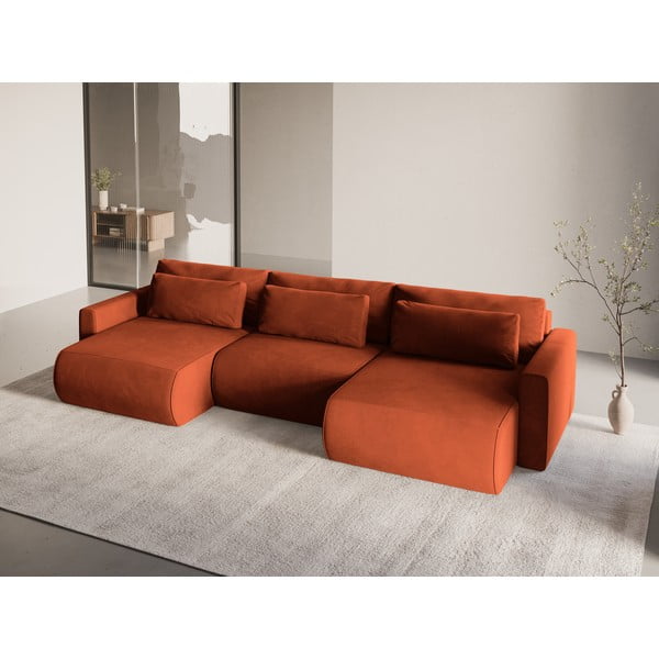 Raudonos plytų spalvos iš velveto sulankstoma/su sandėliavimo vieta kampinė sofa („U“ formos) Belfast – Cosmopolitan Design-image-1