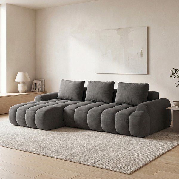 Pilkos spalvos iš velveto sulankstoma/su sandėliavimo vieta kampinė sofa (su kairiuoju kampu/su gultu) Linz – Cosmopolitan Design-image-1