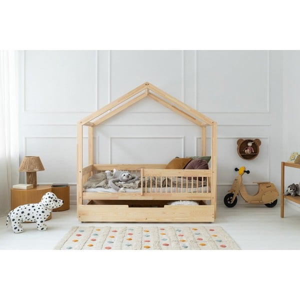 Naminė/ištraukiama iš pušies masyvo vaikiška lova natūralios spalvos su sandėliavimo vieta 70x160 cm Mila RMW – Adeko