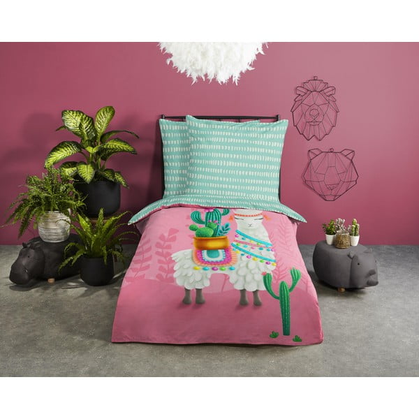 Rožinės spalvos/turkio spalvos iš medvilnės viengulė vaikiška patalynė 140x200 cm Lalama – Good Morning-image-1