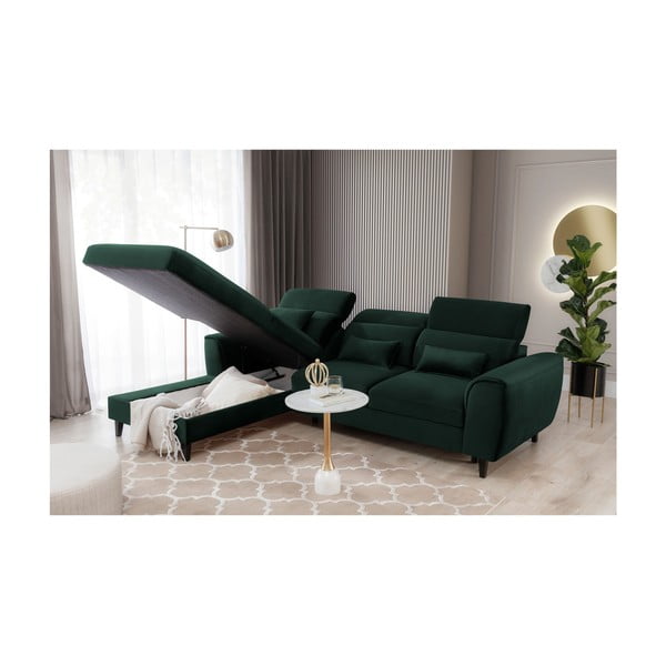 Tamsiai žalios spalvos iš velveto sulankstoma/su sandėliavimo vieta kampinė sofa (su kairiuoju kampu/su gultu) Foble – ELTAP-image-4