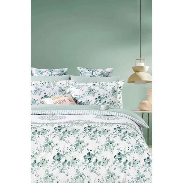 Iš ranforce medvilnės dvigulė/itin ilga patalynė baltos spalvos/žalios spalvos su paklode/4 dalių 200x220 cm – Mila Home