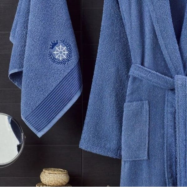 Mėlynos spalvos iš medvilnės chalatų ir rankšluosčių komplektas S/M – Mila Home-image-1