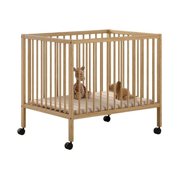 Natūralios spalvos iš buko masyvo maniežas vaikams reguliuojamas aukštis/ant ratukų 95x75 cm Dino – Vipack