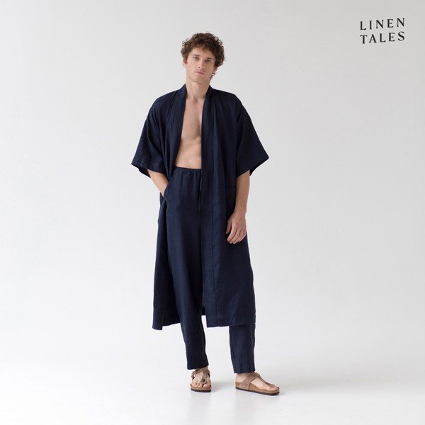 Tamsiai mėlynas lininis chalatas S/M dydžio Summer - Linen Tales-image-4