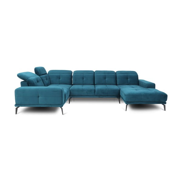 Mėlynos spalvos iš velveto kampinė sofa (su kairiuoju kampu/„U“ formos) Neviro – ELTAP