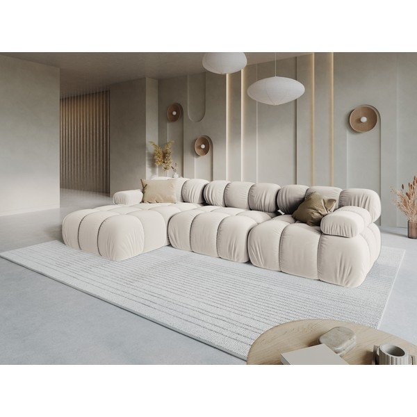 Kreminės spalvos modulinė kampinė sofa iš velveto (su kairiuoju kampu/su gultu) – Micadoni -image-1