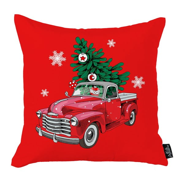 Raudonas kalėdinis užvalkalas Mike & Co. NEW YORK Honey Kalėdų automobilis ir eglutė, 45 x 45 cm