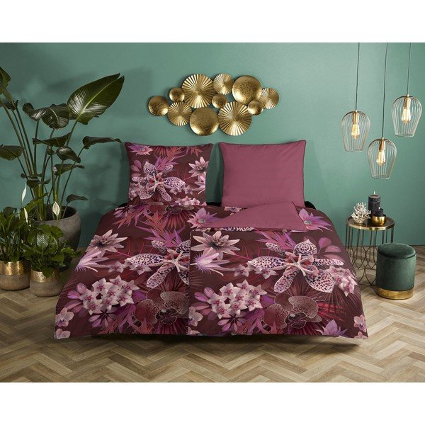 Bordo spalvos viengulė patalynė iš ekologiškos medvilnės Descanso Flowery, 140 x 200 cm-image-1