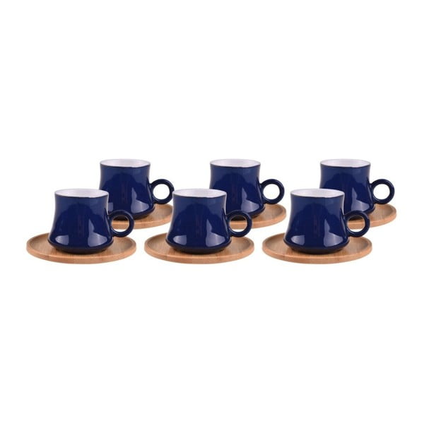 6 mėlynų porcelianinių puodelių su bambukiniais padėkliukais rinkinys "Bambum Harem