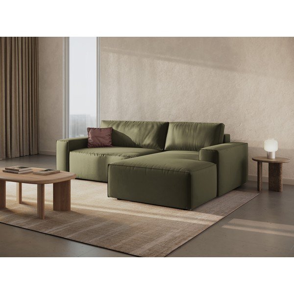 Iš velveto sulankstoma/su sandėliavimo vieta kampinė sofa žalios spalvos (su dešiniuoju kampu/su gultu) Jodie – Micadoni -image-1