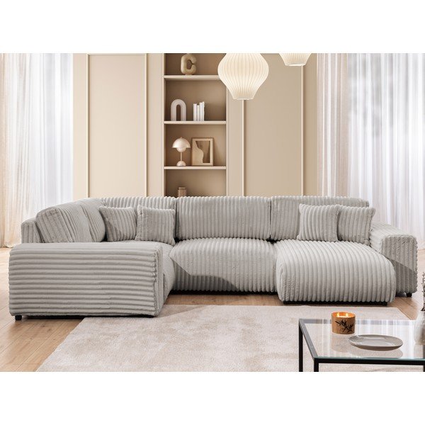 Šviesiai pilkos spalvos kampinė sofa iš kordinio velveto (su kairiuoju kampu/„U“ formos) Justin – Ropez-image-1