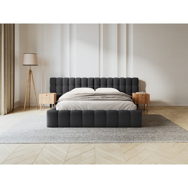 Dvigulė lova juodos spalvos audiniu dengta su sandėliavimo vieta su lovos grotelėmis 180x200 cm Mamaia – Micadoni Home-image-1