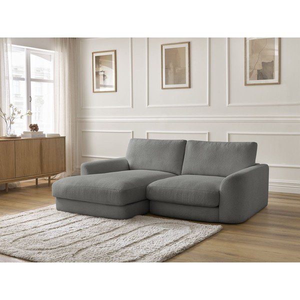 Tamsiai pilkos spalvos kampinė sofa iš boucle (su kairiuoju kampu/su gultu) Leonore – Bobochic Paris-image-3
