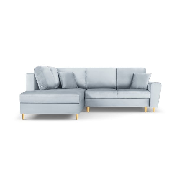 Šviesiai mėlynos spalvos iš velveto sulankstoma/su sandėliavimo vieta kampinė sofa (su kairiuoju kampu/„L“ formos) Kyoto – Cosmopolitan Design
