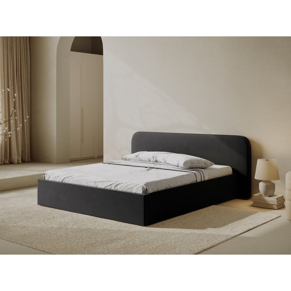 Juodos spalvos dvigulė lova audiniu dengta su sandėliavimo vieta su lovos grotelėmis 160x200 cm Elizabeth – Micadoni -image-2