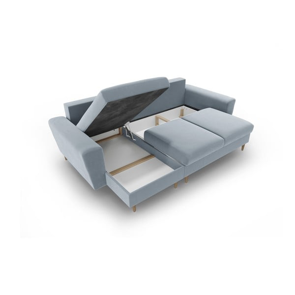 Šviesiai mėlynos spalvos iš velveto sulankstoma/su sandėliavimo vieta kampinė sofa Kyoto – Cosmopolitan Design-image-3