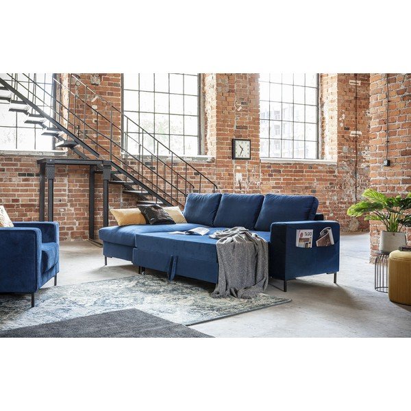 Mėlyna aksominė kampinė sofa Miuform Lofty Lilly, kairysis kampas-image-4