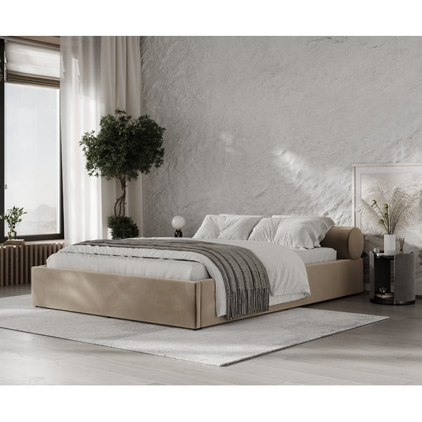 Šviesiai rudos spalvos dvigulė lova audiniu dengta su sandėliavimo vieta su lovos grotelėmis 140x200 cm Solvo – Maison de Rêve-image-1