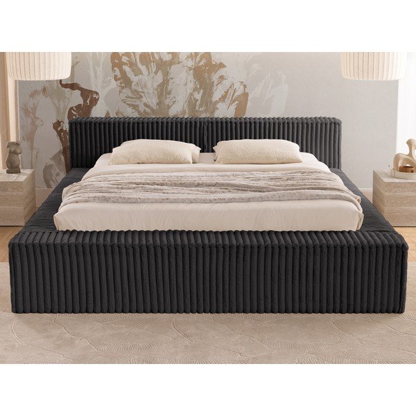 Juodos spalvos dvigulė lova dengta audiniu su sandėliavimo vieta su lovos grotelėmis 140x200 cm Cloe – Ropez-image-4