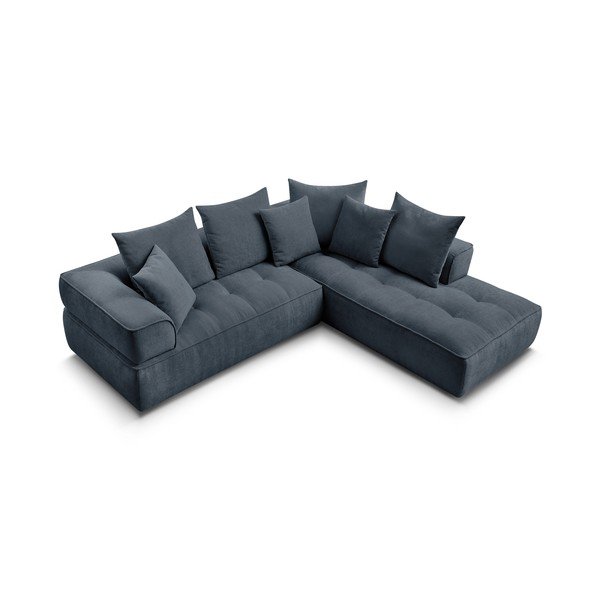 Tamsiai mėlynos spalvos iš šenilinio audinio kampinė sofa (su dešiniuoju kampu/„L“ formos) Whesley – Bobochic Paris-image-4