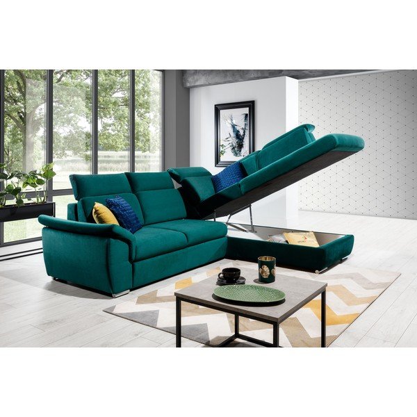 Žalios spalvos iš velveto sulankstoma/su sandėliavimo vieta kampinė sofa (su dešiniuoju kampu/„L“ formos) Loreto – ELTAP-image-3