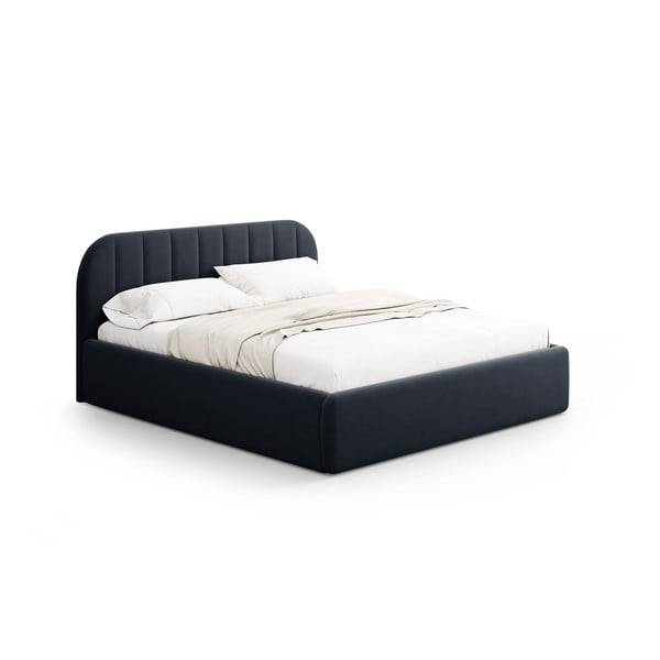 Tamsiai mėlynos spalvos dvigulė lova audiniu dengta su sandėliavimo vieta su lovos grotelėmis 180x200 cm Juno – Windsor & Co Sofas