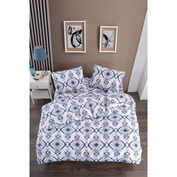 Baltos spalvos/mėlynos spalvos viengulė/itin ilga patalynė su paklode/3 dalių 160x220 cm Geometric – Mila Home-image-1
