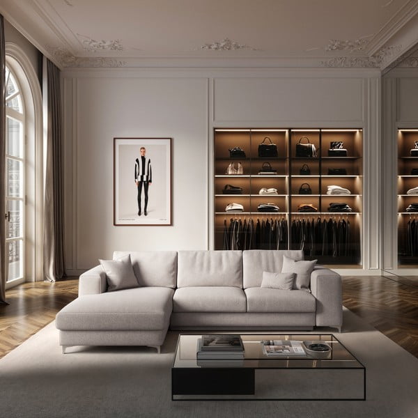 Šviesiai pilkos spalvos iš boucle sulankstoma/su sandėliavimo vieta kampinė sofa (su kairiuoju kampu/su gultu) Rene – Rodier-image-1