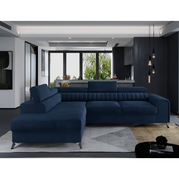 Mėlynos spalvos iš velveto sulankstoma/su sandėliavimo vieta kampinė sofa (su kairiuoju kampu/„L“ formos) Laurence – ELTAP-image-1