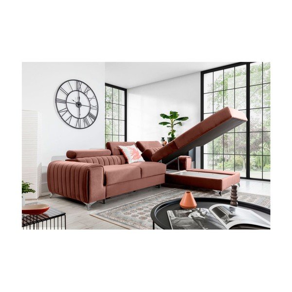 Rožinės spalvos iš velveto sulankstoma/su sandėliavimo vieta kampinė sofa (su dešiniuoju kampu/su gultu) Grayson – ELTAP-image-3