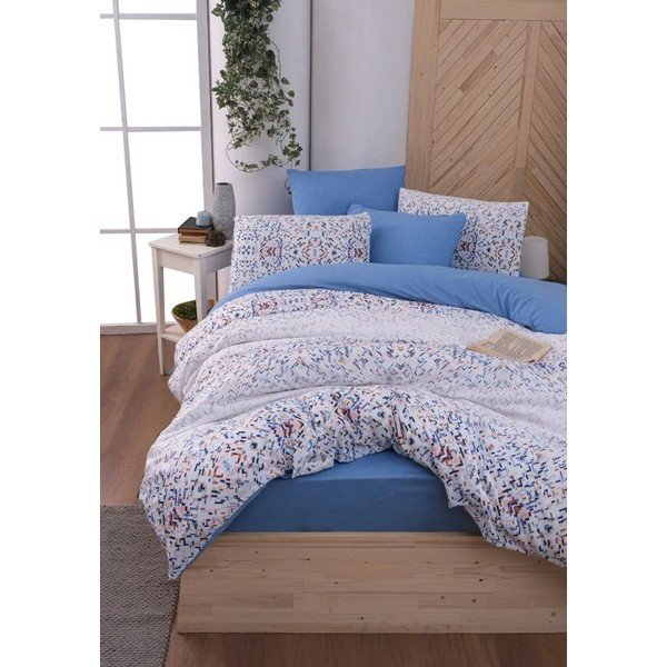 Dvigulė/itin ilga patalynė baltos spalvos/mėlynos spalvos su paklode/4 dalių 200x220 cm Geometric – Mila Home-image-1